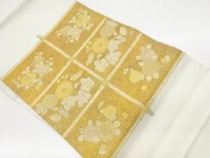 リサイクル　格子に椿・菊・梅模様織出し名古屋帯